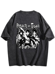 Attack on Titan Black White Group Print Vintage Washed Short‑Sleeve T‑Shirt