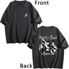 Attack on Titan Black White Group Print Vintage Washed Short‑Sleeve T‑Shirt
