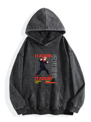 Jujutsu Kaisen Itadori Yuji Text Print Vintage Wash Oversized Hoodie