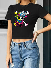 Kpop Demon Hunters One Piece Straw Hat Pirates Skull Women Cropped Tee