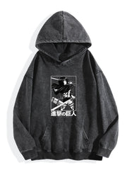 Attack On Titan Mikasa Framed B&W Vintage Wash Oversized Hoodie