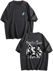 Attack on Titan Black White Group Print Vintage Washed Short‑Sleeve T‑Shirt