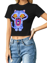 Kpop Demon Hunters Creepy Cartoon Blue Monster Cat Women Cropped Tee