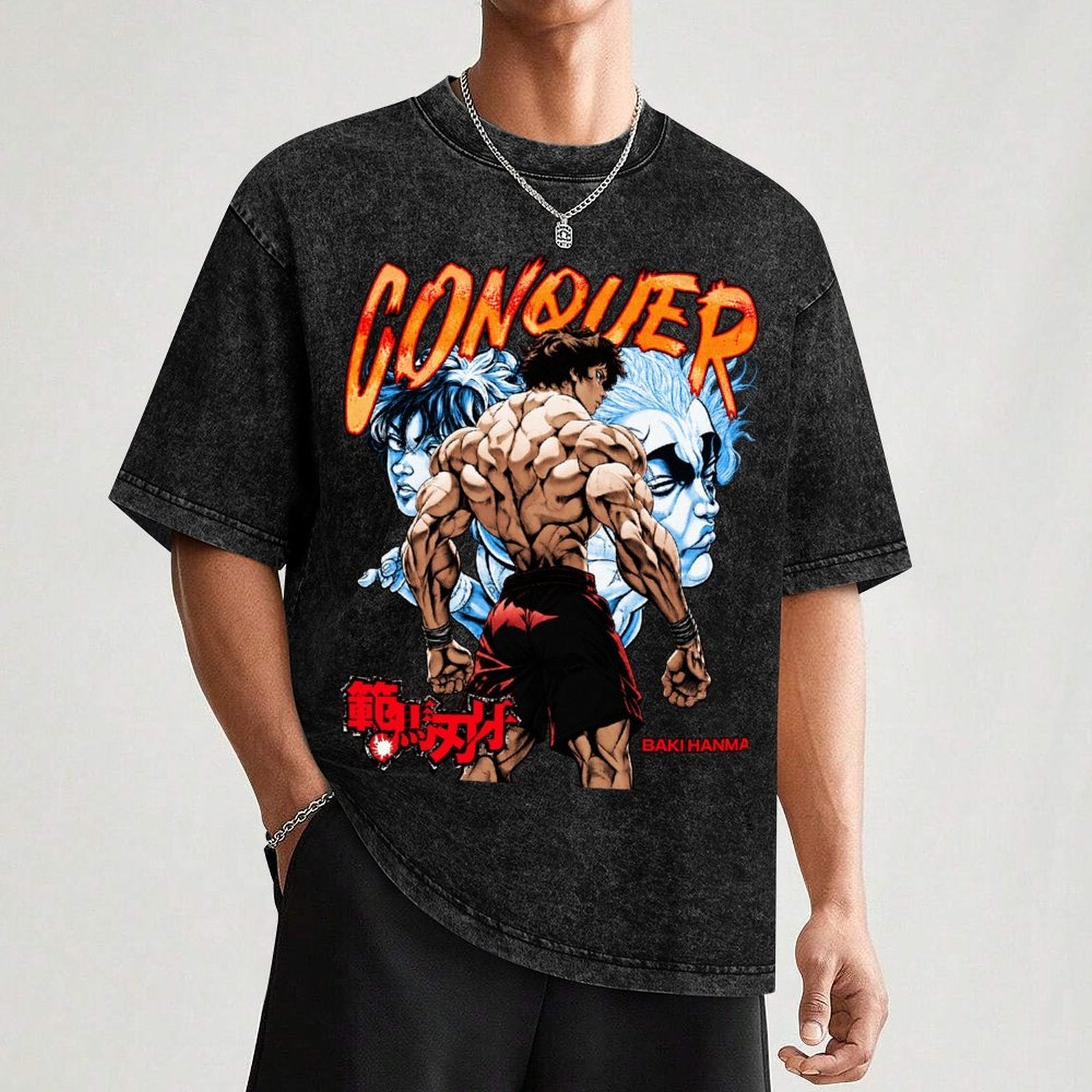 Baki Hanma Conquer Vintage Washed Anime T‑Shirt