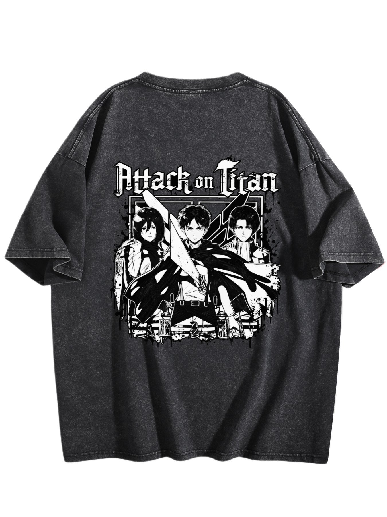 Attack on Titan Black White Group Print Vintage Washed Short‑Sleeve T‑Shirt