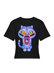 Kpop Demon Hunters Creepy Cartoon Blue Monster Cat Women Cropped Tee