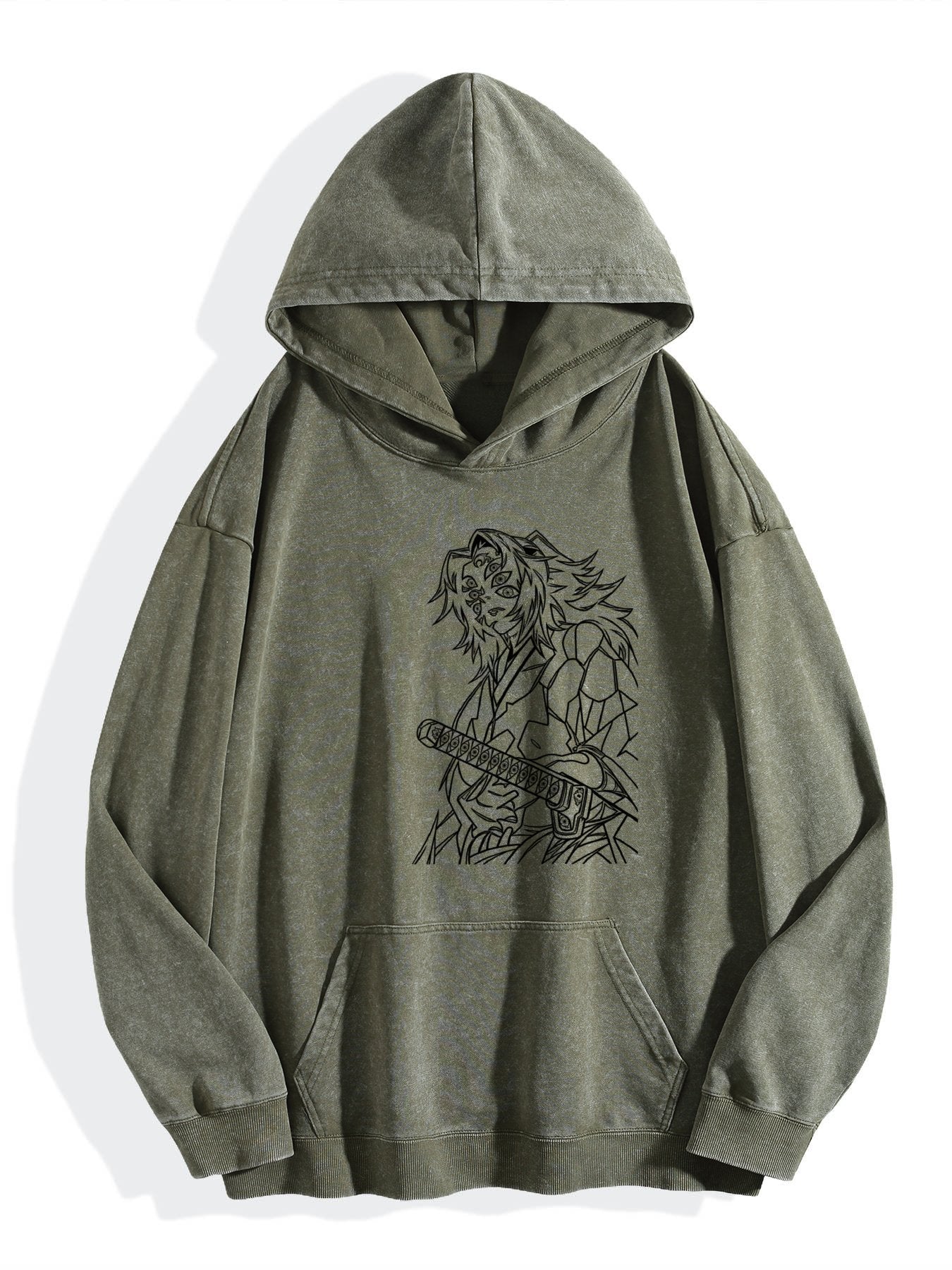 Demon Slayer Black Line‑Art Vintage Wash Oversized Hoodie