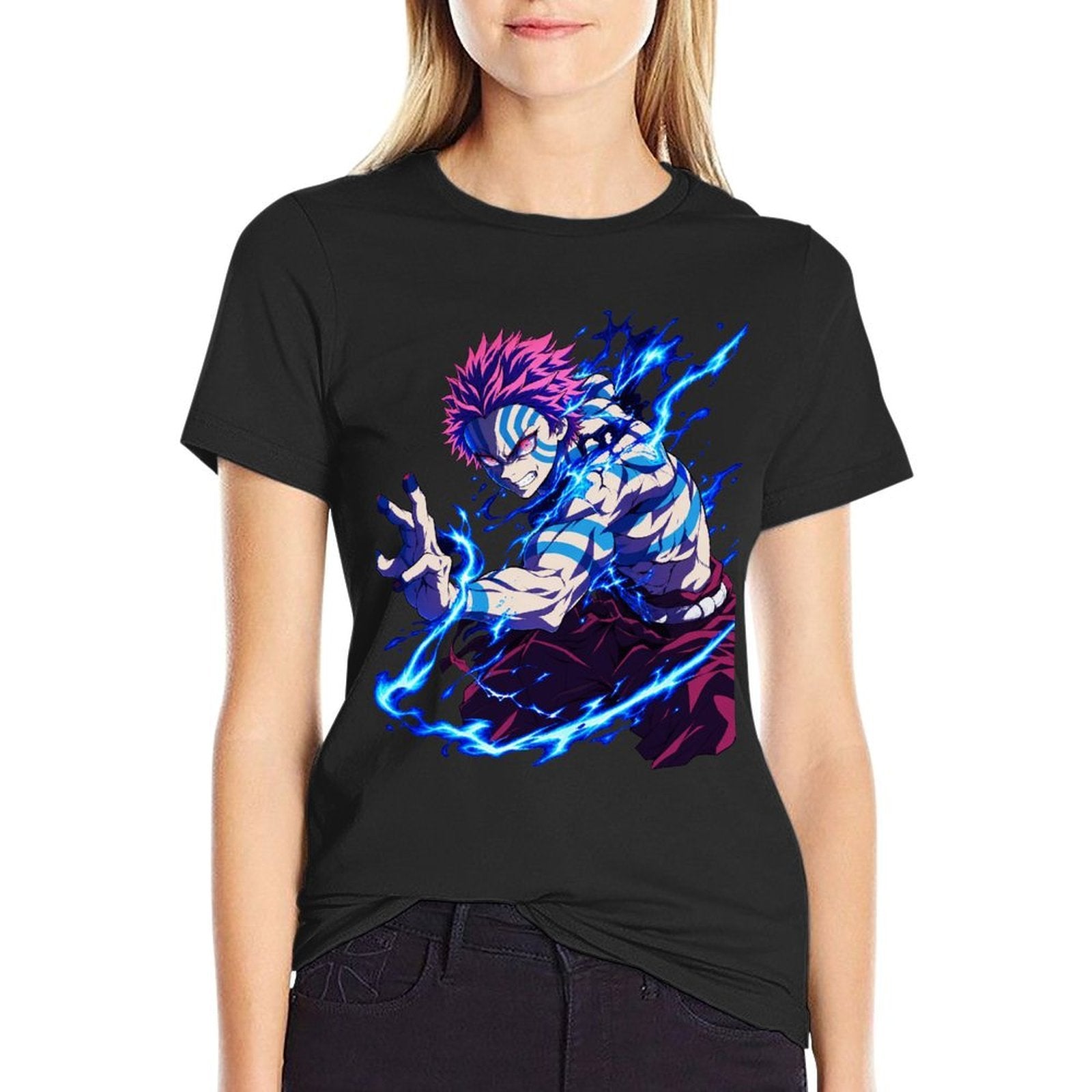 Demon Slayer Akaza Blue Lightning Graphic Oversized Men Tee