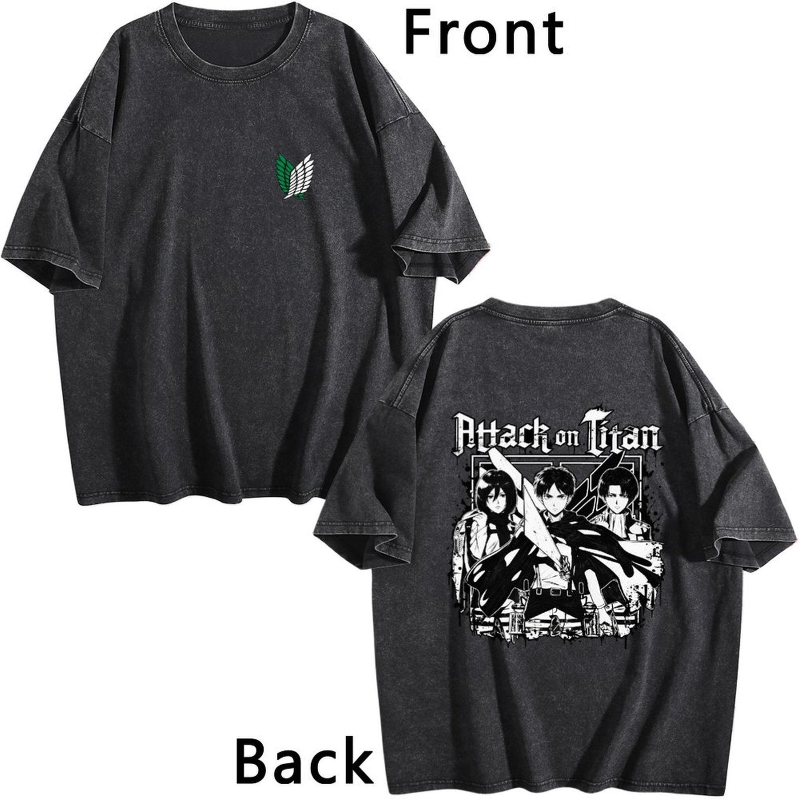 Attack on Titan Black White Group Print Vintage Washed Short‑Sleeve T‑Shirt
