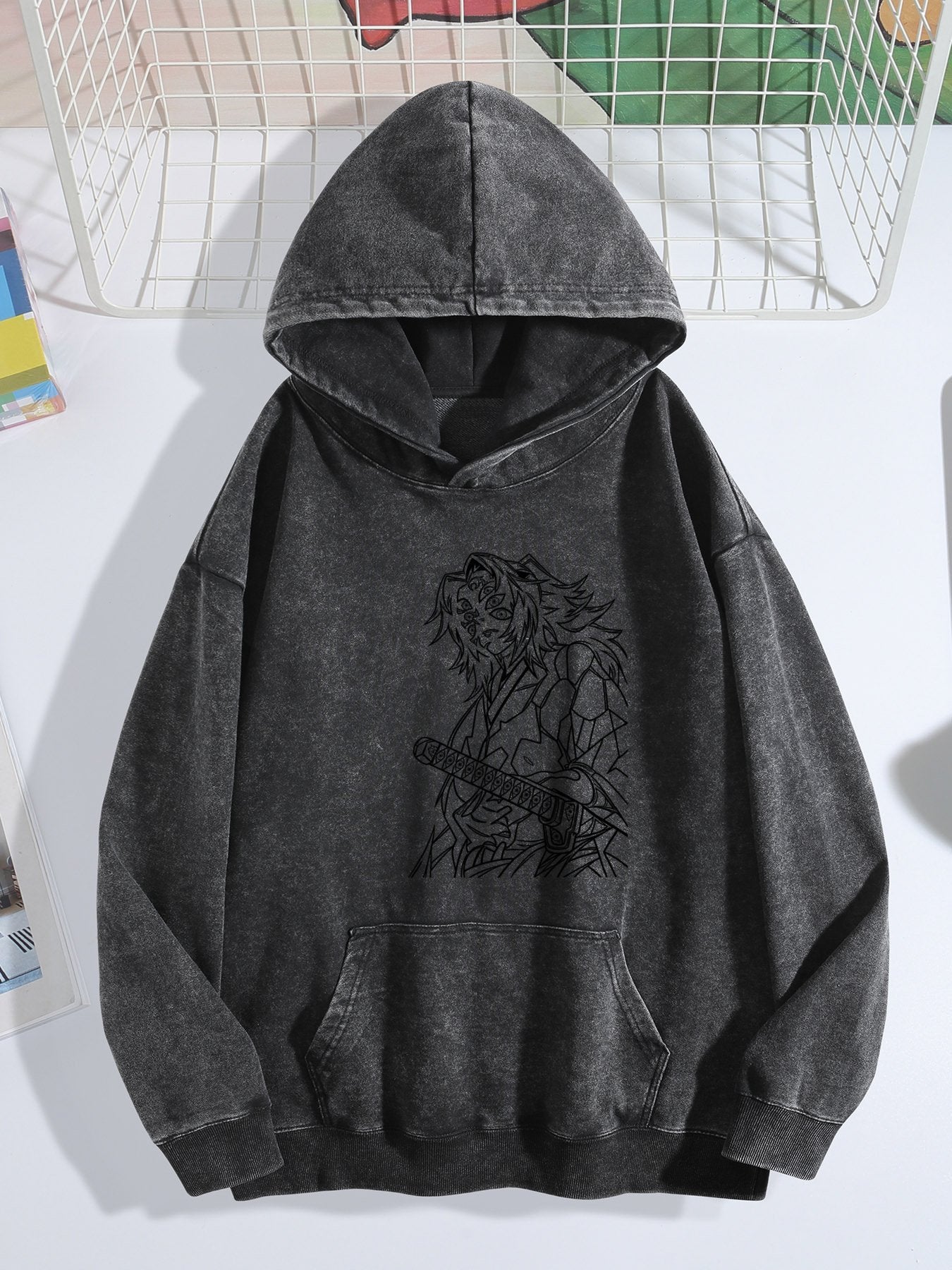 Demon Slayer Black Line‑Art Vintage Wash Oversized Hoodie