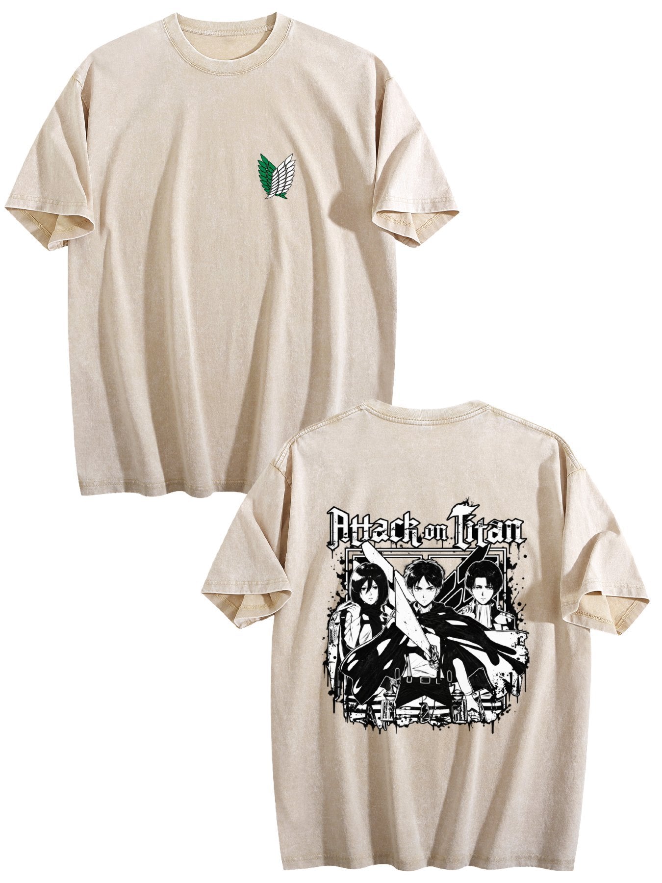 Attack on Titan Black White Group Print Vintage Washed Short‑Sleeve T‑Shirt