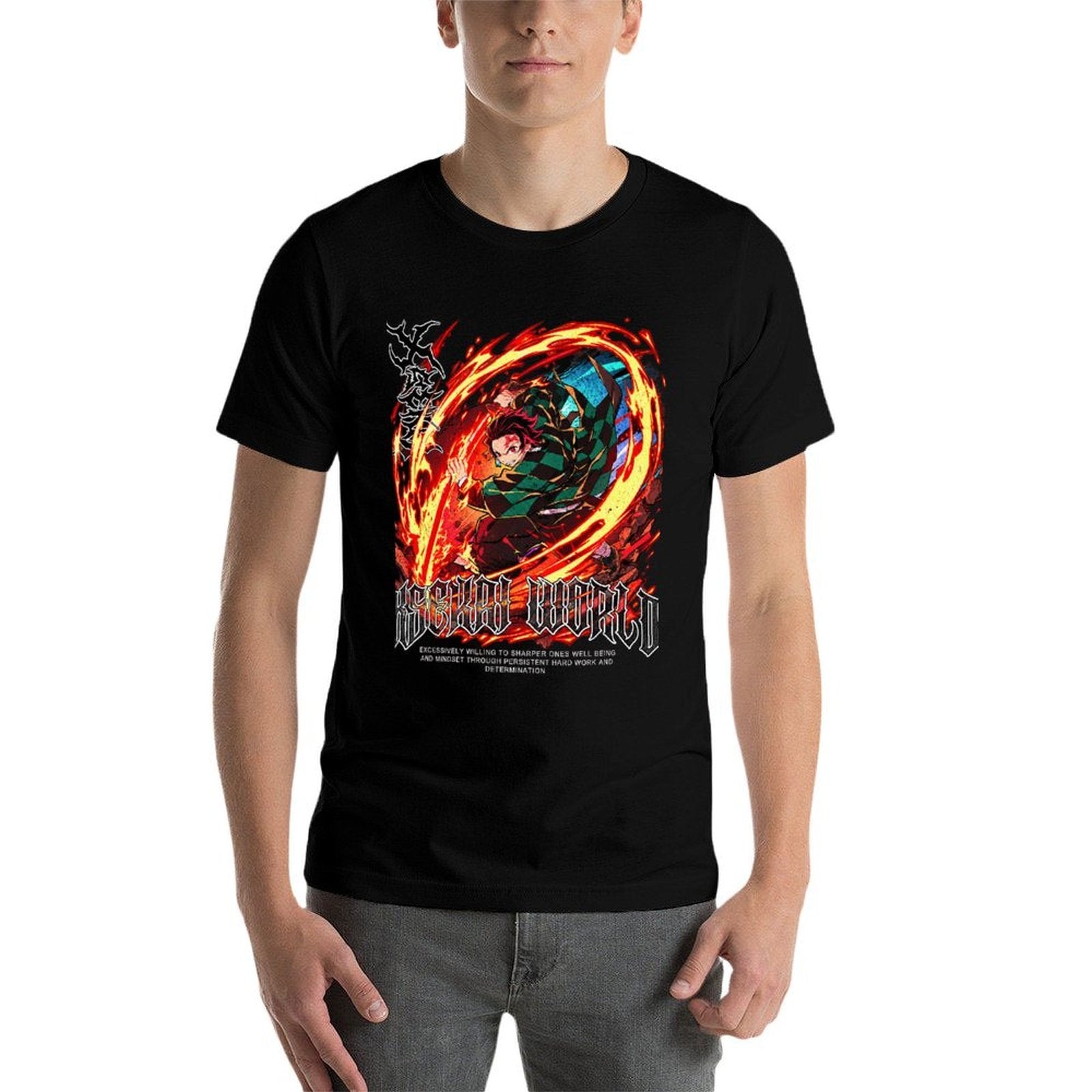Demon Slayer Tanjiro Fire Breath Metal Style Graphic Men Tee