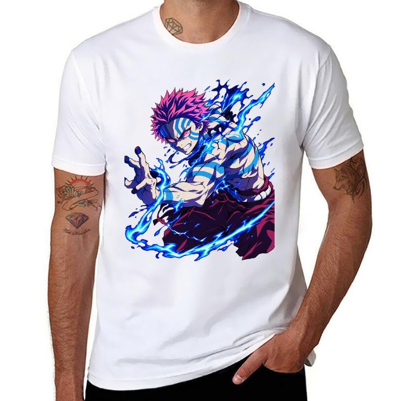 Demon Slayer Akaza Blue Lightning Graphic Oversized Men Tee