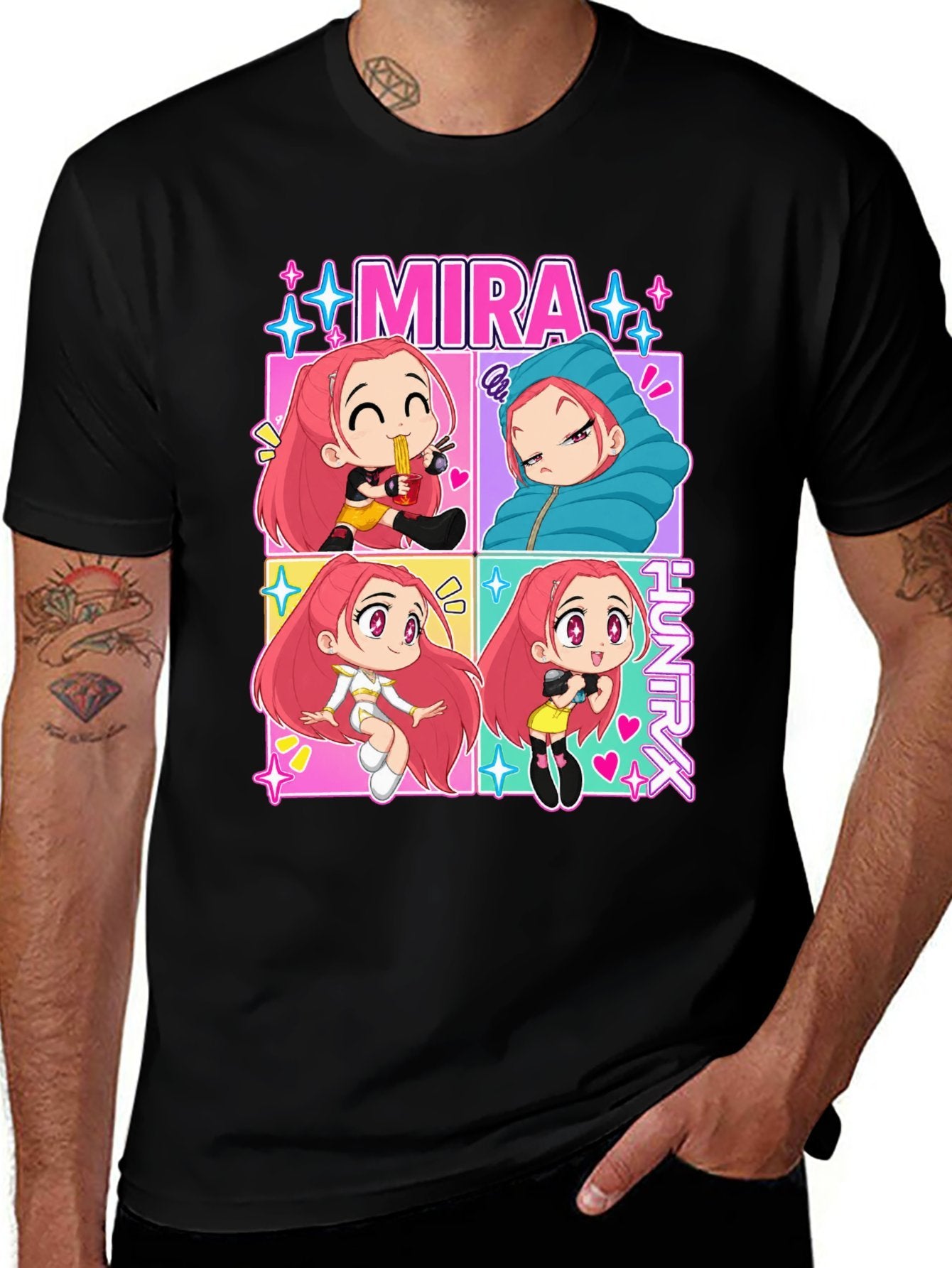 Kpop Demon Hunters Mira Chibi Four‑Panel Graphic Men Tee