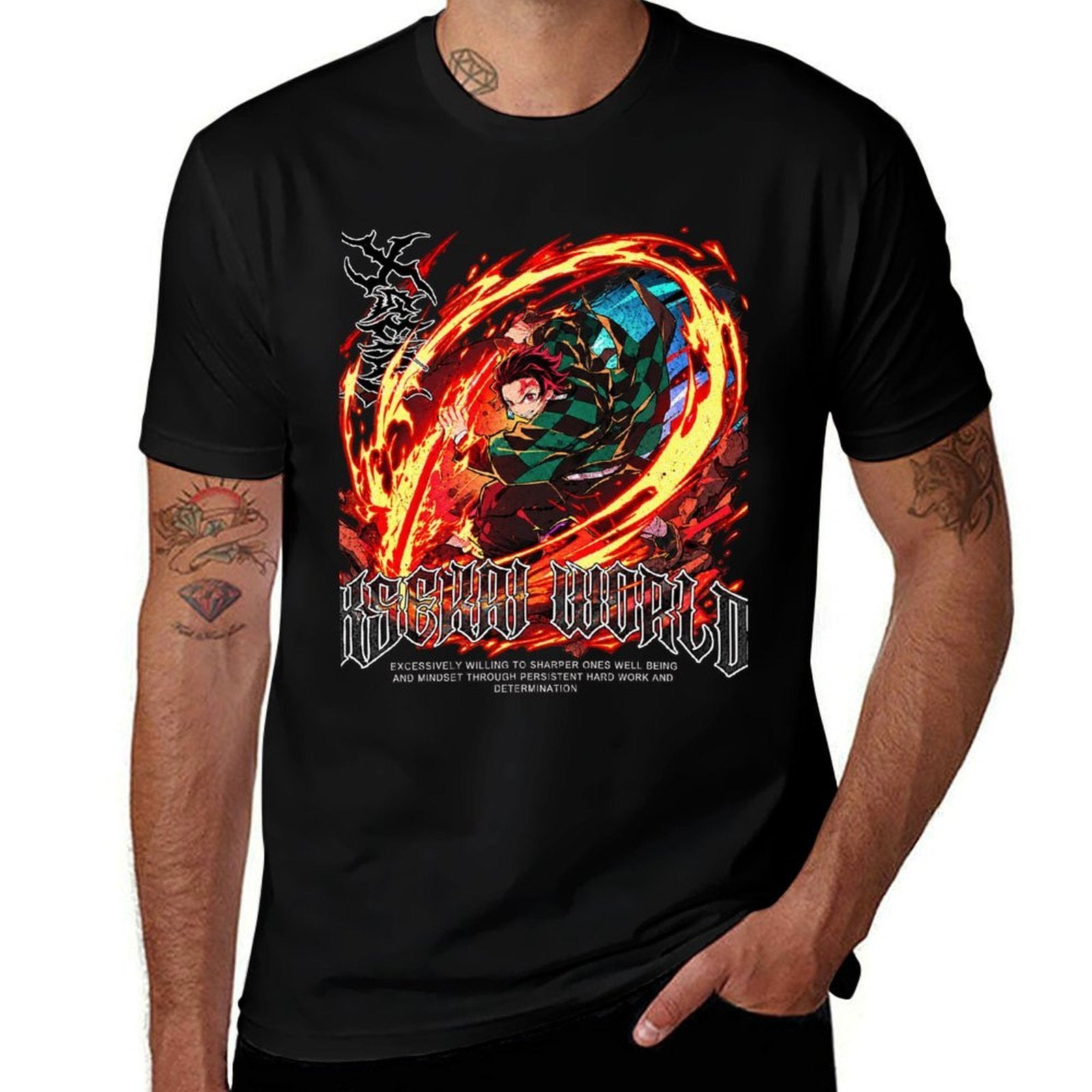 Demon Slayer Tanjiro Fire Breath Metal Style Graphic Men Tee