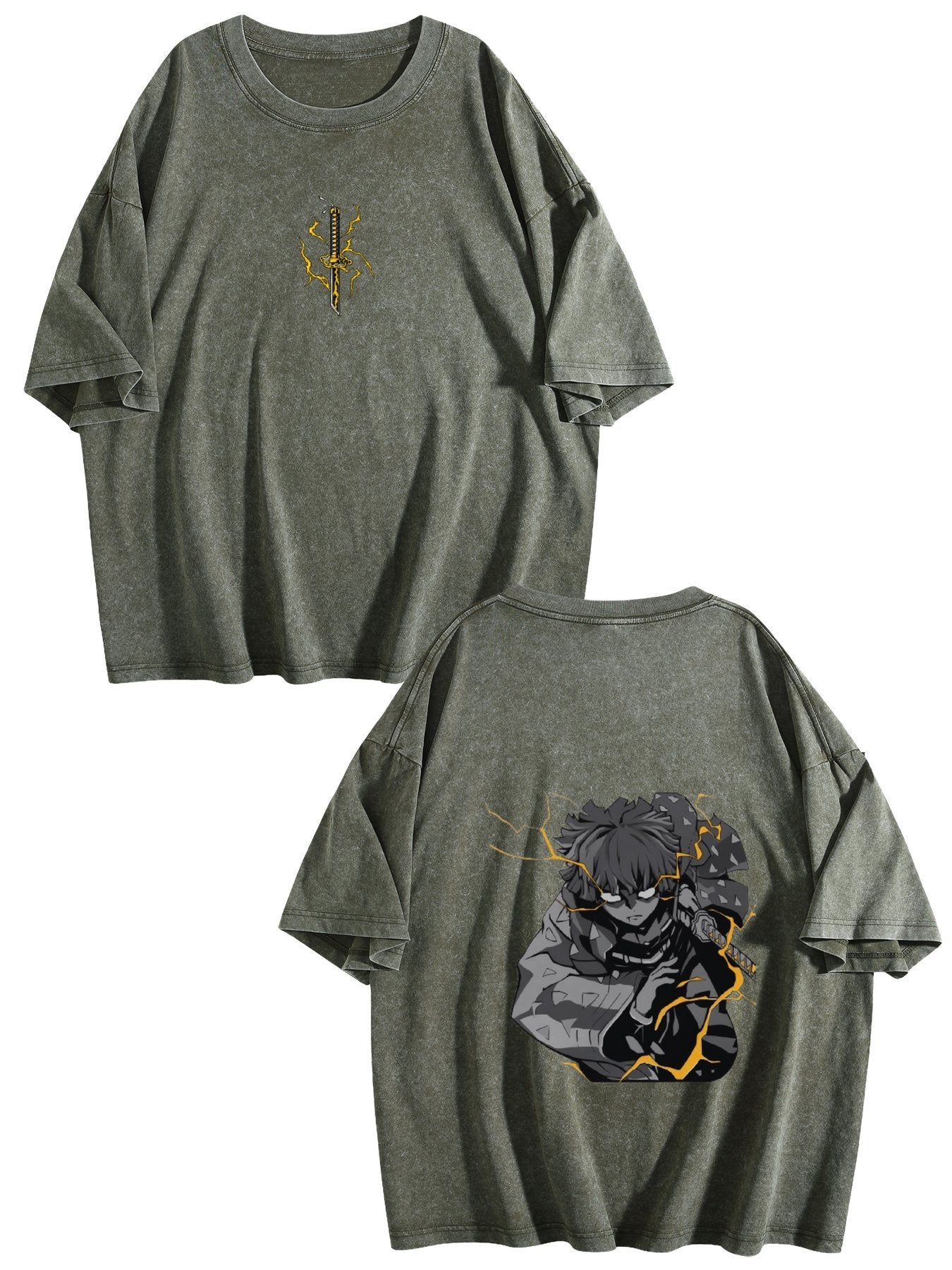 Demon Slayer Zenitsu Vintage‑Washed Double‑Sided Anime T‑Shirt