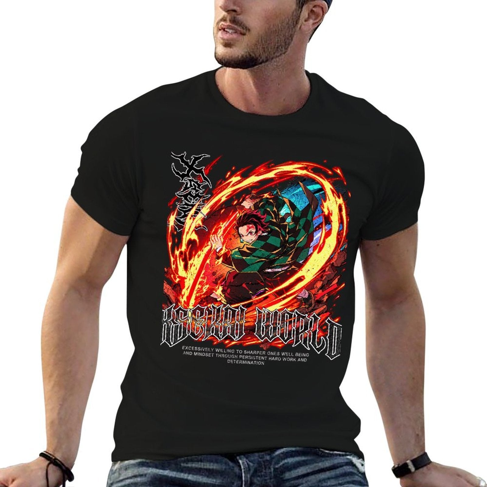 Demon Slayer Tanjiro Fire Breath Metal Style Graphic Men Tee