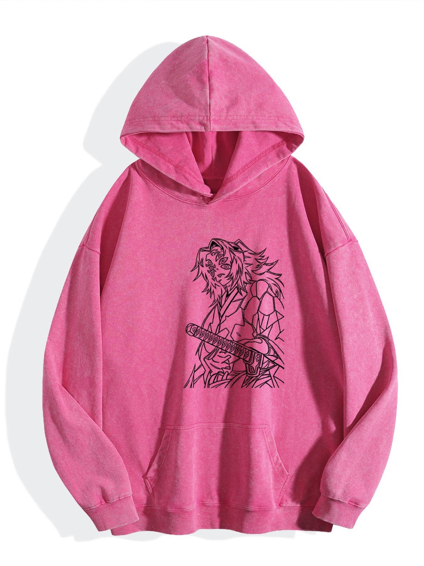 Demon Slayer Black Line‑Art Vintage Wash Oversized Hoodie