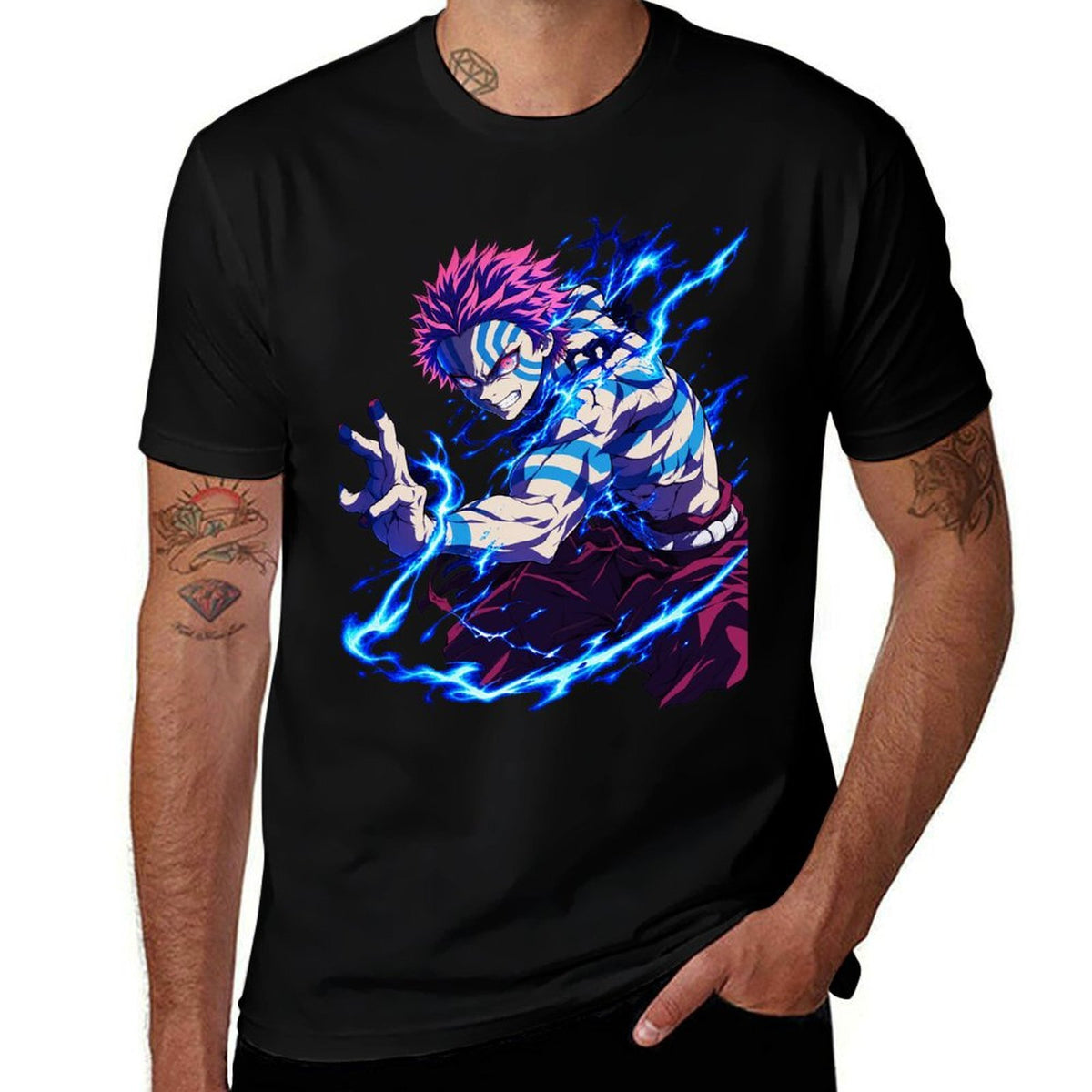 Demon Slayer Akaza Blue Lightning Graphic Oversized Men Tee