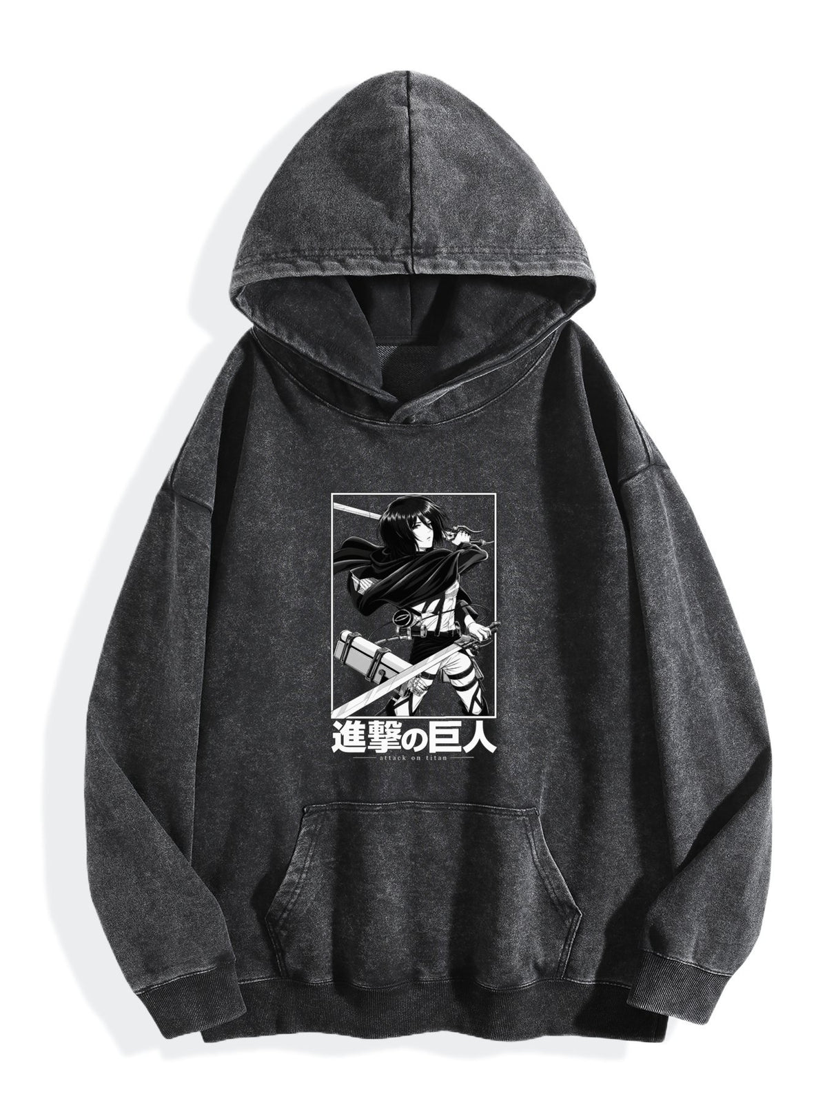 Attack On Titan Mikasa Framed B&W Vintage Wash Oversized Hoodie