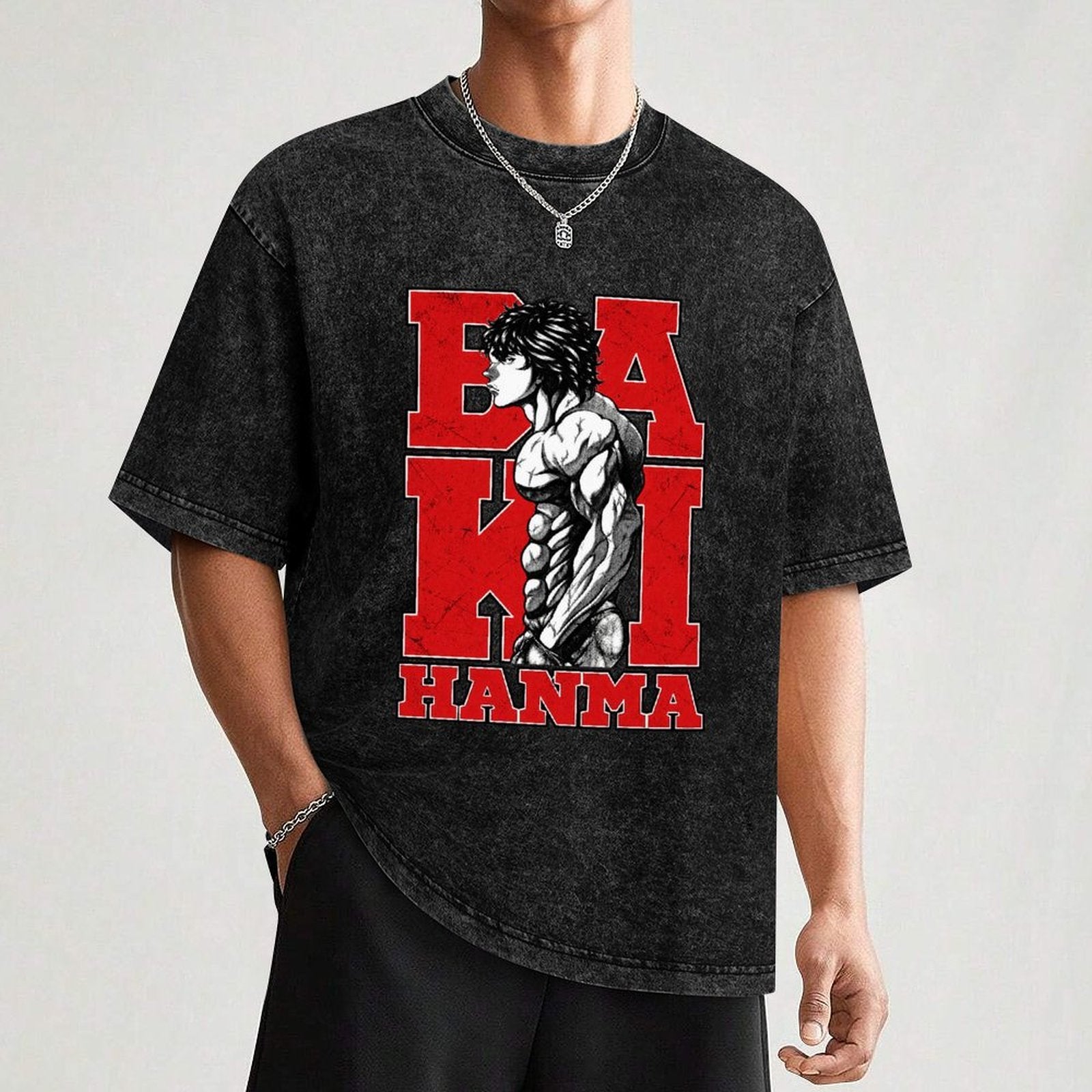 Baki Hanma Red‑Black Letter Vintage Washed Anime T‑Shirt