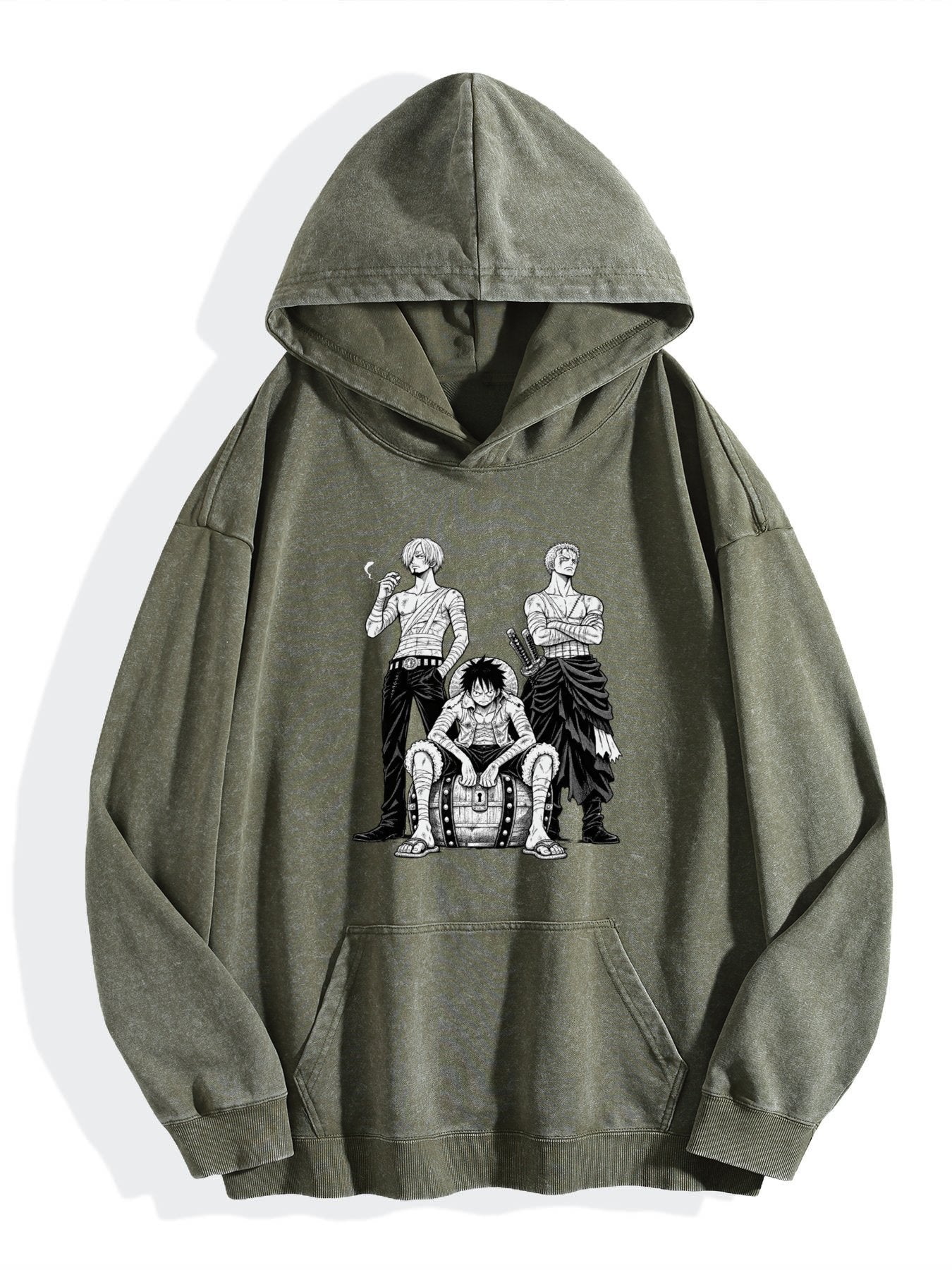 One Piece Three‑Character Group Vintage Wash Oversized Hoodie