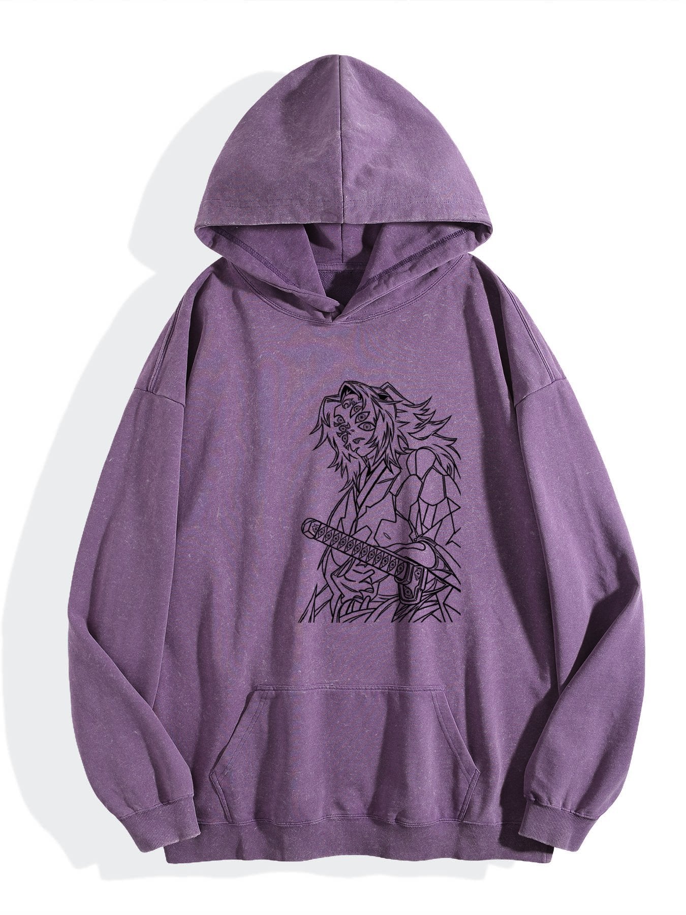 Demon Slayer Black Line‑Art Vintage Wash Oversized Hoodie