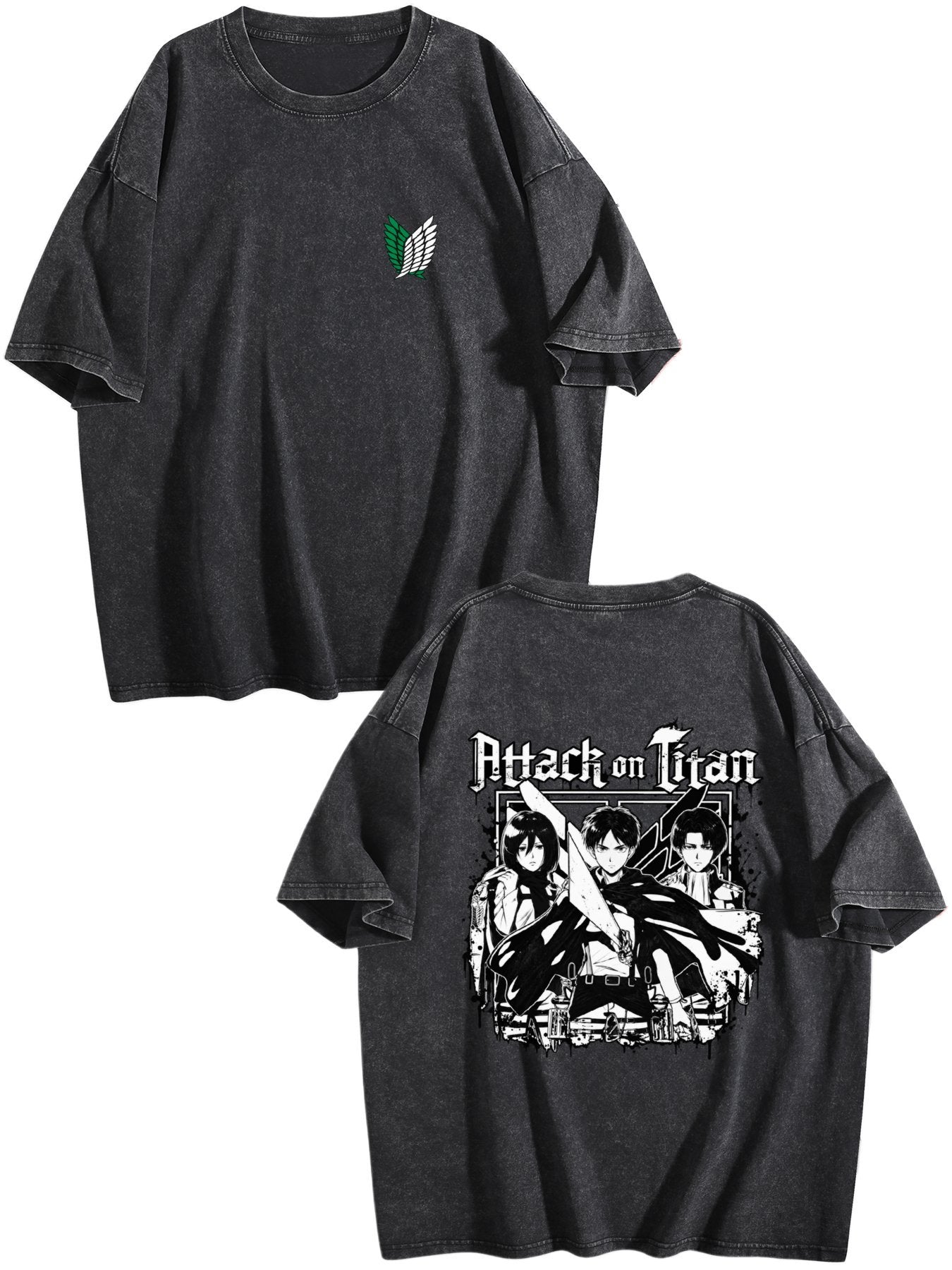Attack on Titan Black White Group Print Vintage Washed Short‑Sleeve T‑Shirt