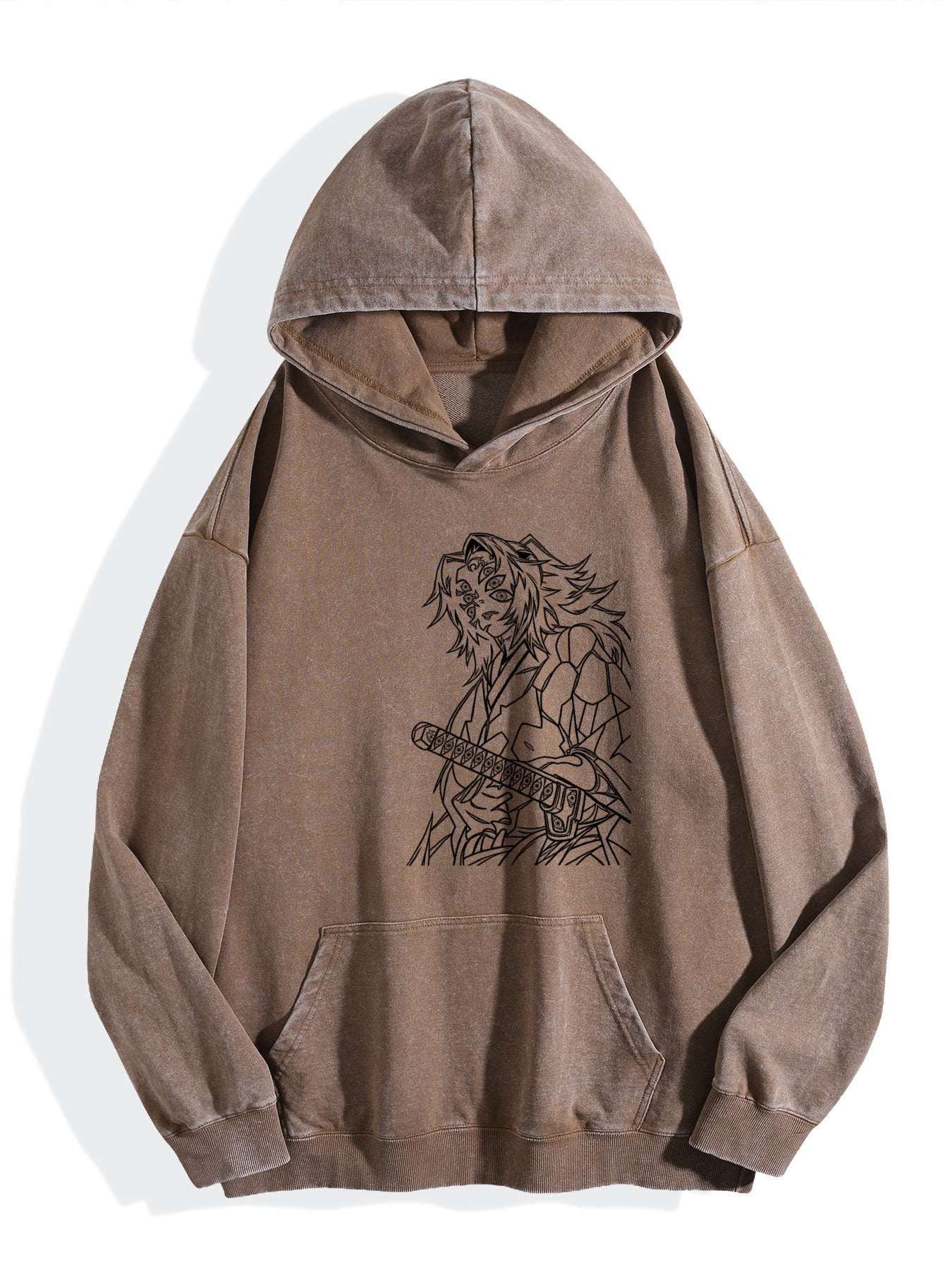 Demon Slayer Black Line‑Art Vintage Wash Oversized Hoodie