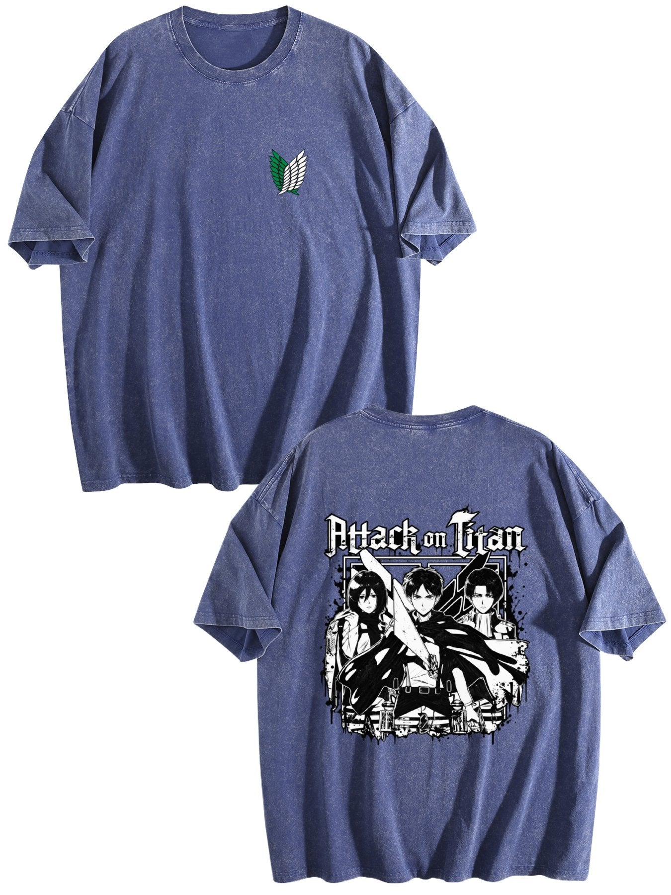 Attack on Titan Black White Group Print Vintage Washed Short‑Sleeve T‑Shirt