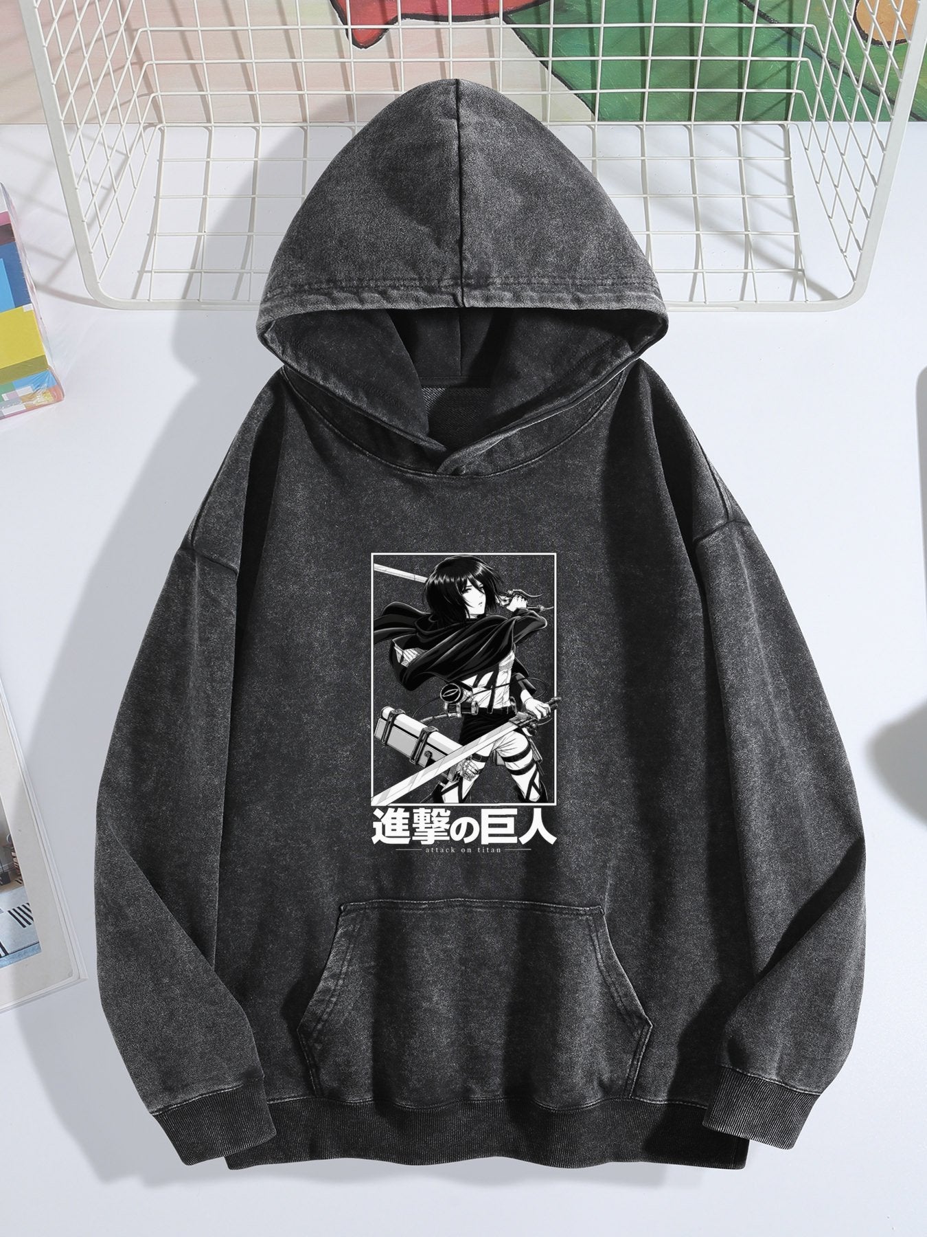 Attack On Titan Mikasa Framed B&W Vintage Wash Oversized Hoodie