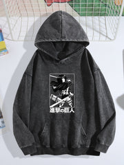 Attack On Titan Mikasa Framed B&W Vintage Wash Oversized Hoodie