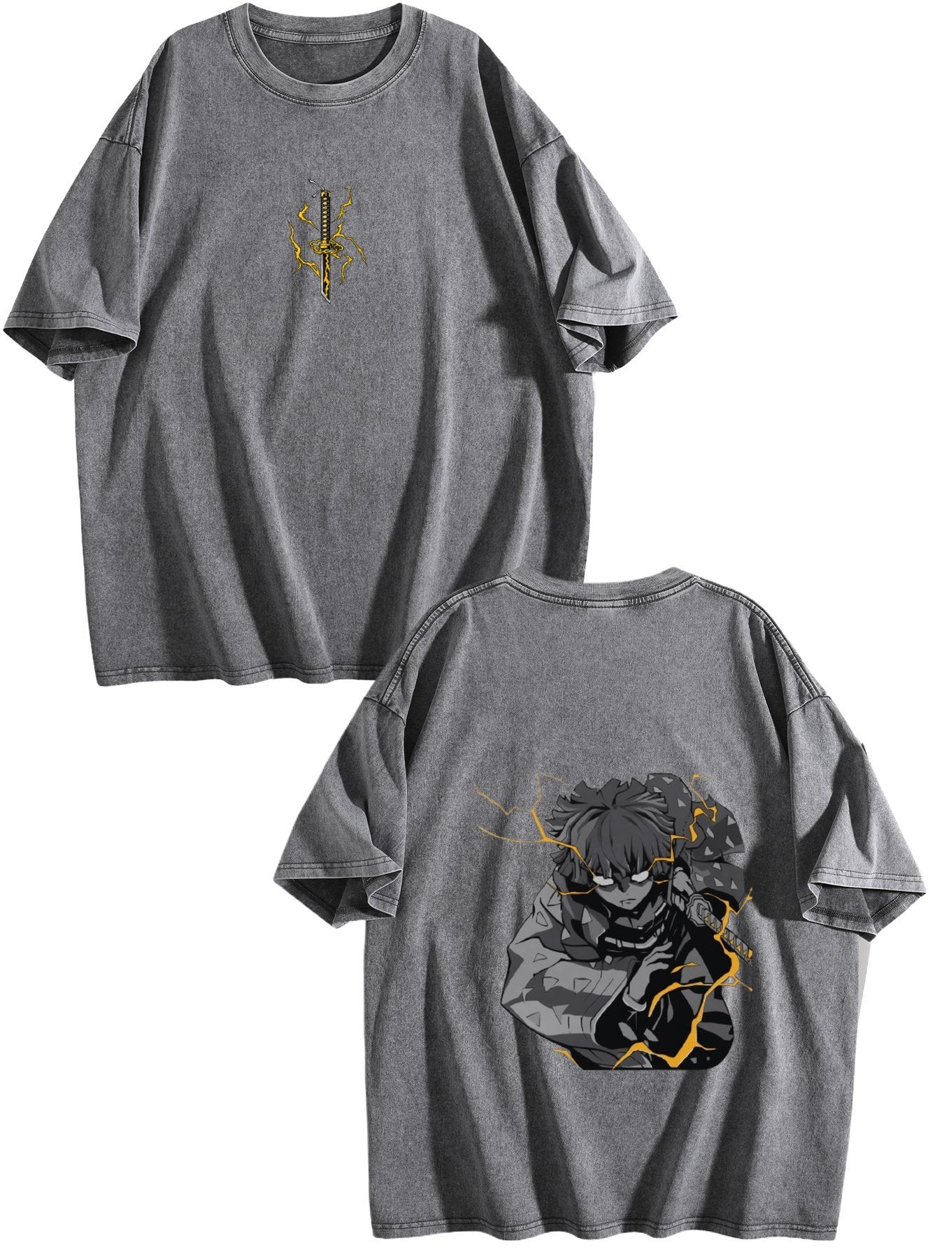 Demon Slayer Zenitsu Vintage‑Washed Double‑Sided Anime T‑Shirt