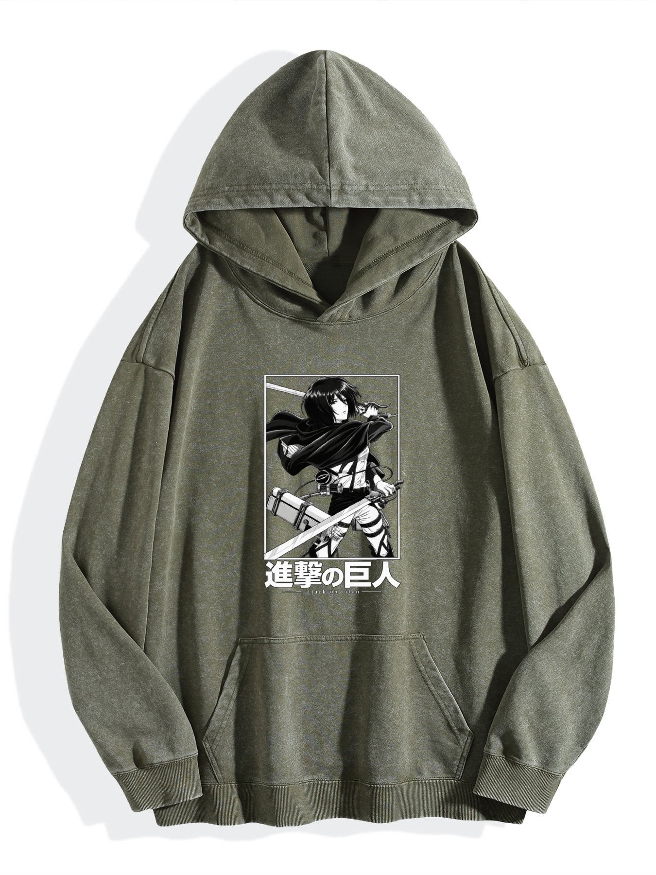 Attack On Titan Mikasa Framed B&W Vintage Wash Oversized Hoodie