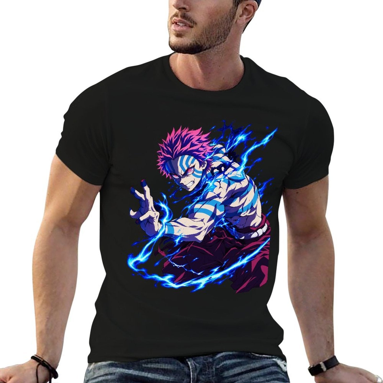 Demon Slayer Akaza Blue Lightning Graphic Oversized Men Tee