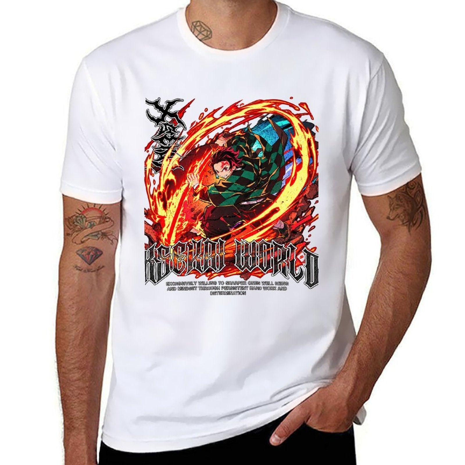 Demon Slayer Tanjiro Fire Breath Metal Style Graphic Men Tee