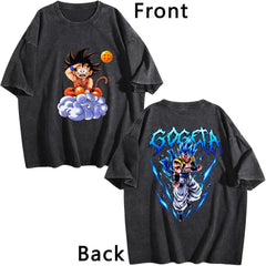 Dragon Ball Goku Gogeta Print Vintage Washed Short Sleeve T‑Shirt