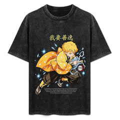 Demon Slayer Zenitsu Agatsuma Action Oversized Washed Men Tee