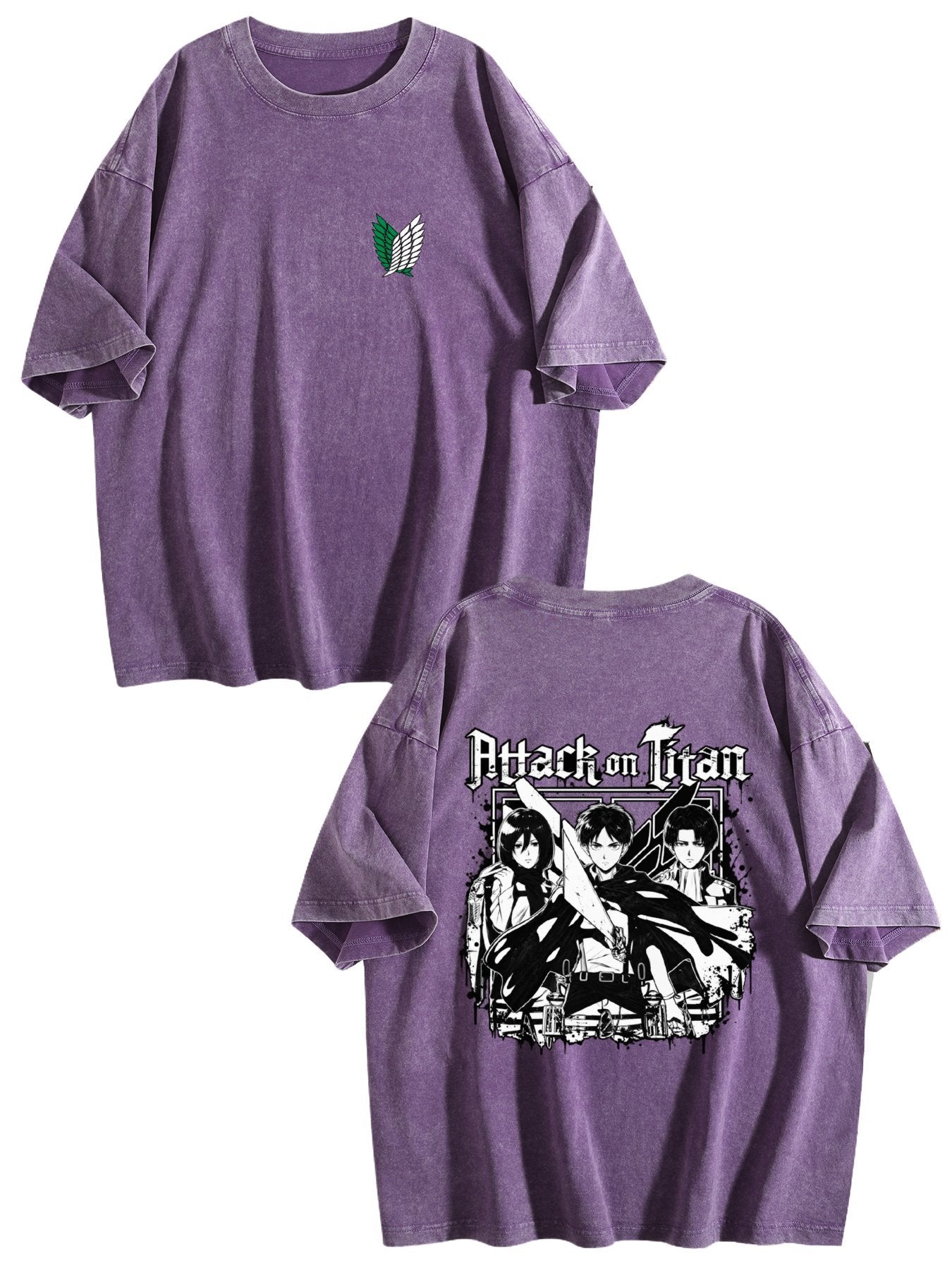 Attack on Titan Black White Group Print Vintage Washed Short‑Sleeve T‑Shirt