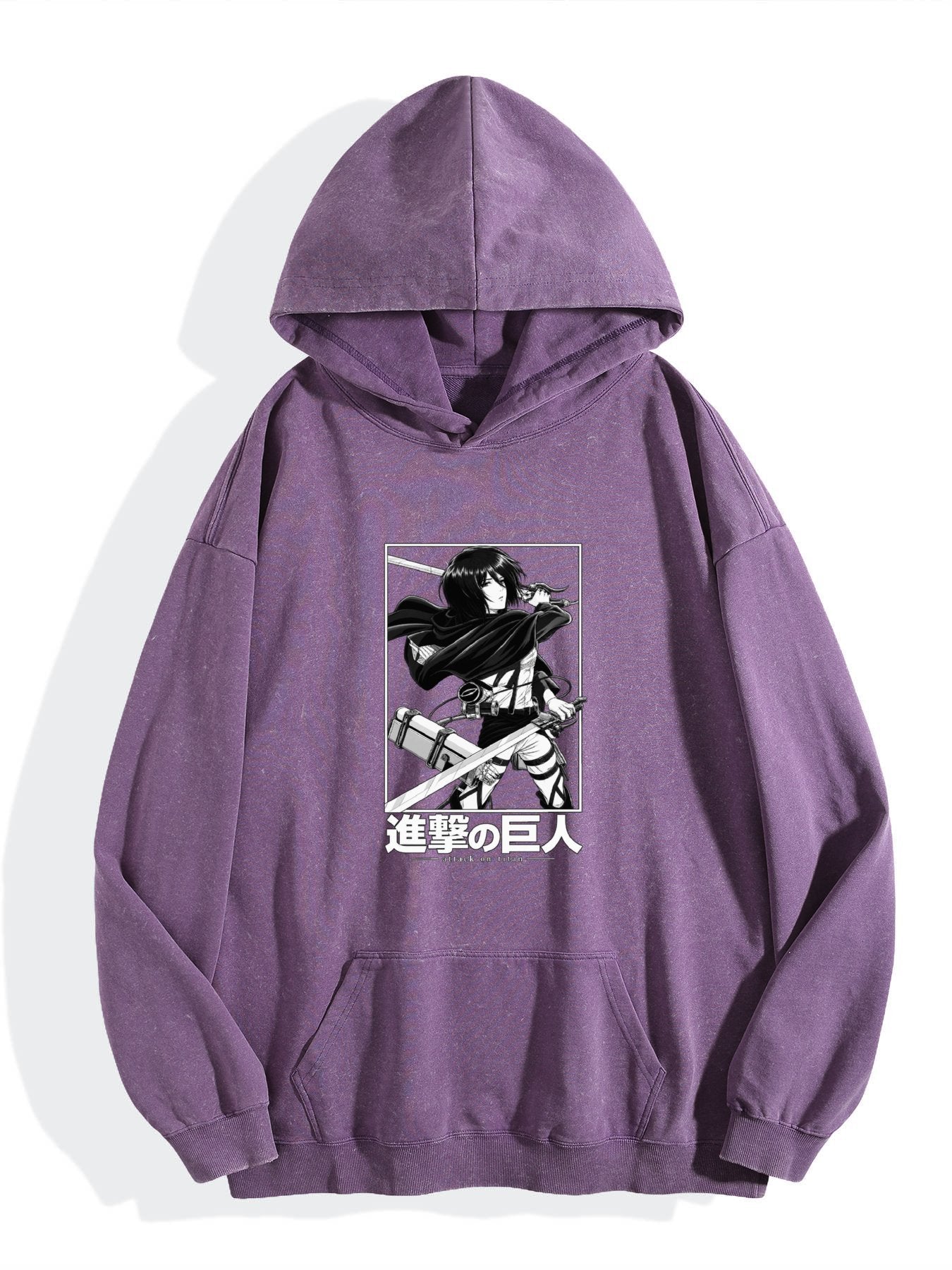 Attack On Titan Mikasa Framed B&W Vintage Wash Oversized Hoodie