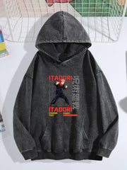 Jujutsu Kaisen Itadori Yuji Text Print Vintage Wash Oversized Hoodie