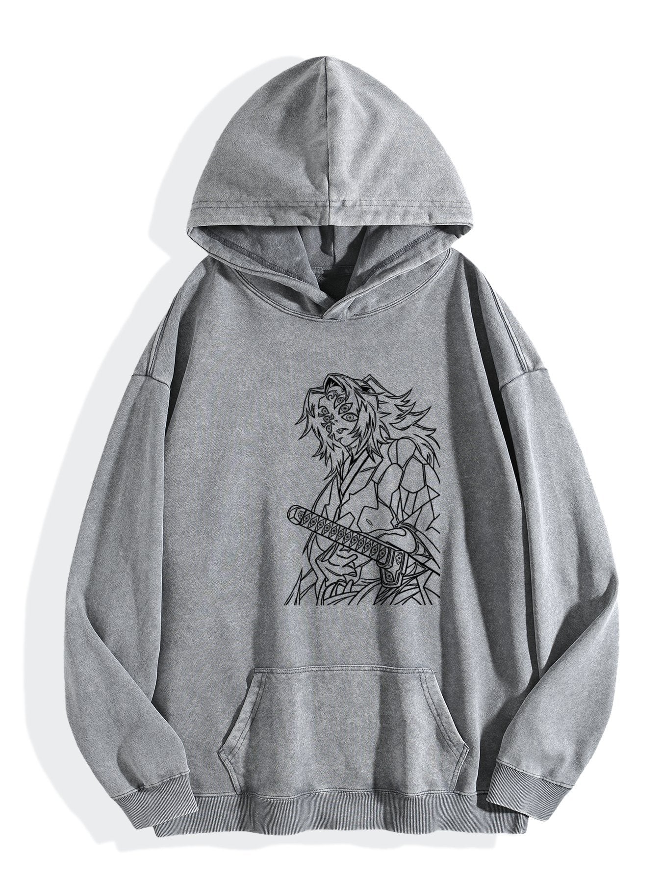 Demon Slayer Black Line‑Art Vintage Wash Oversized Hoodie