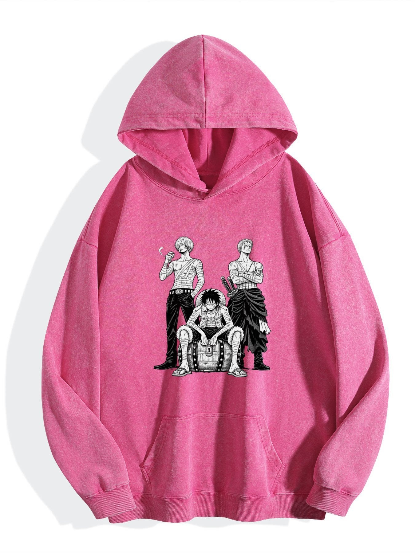 One Piece Three‑Character Group Vintage Wash Oversized Hoodie