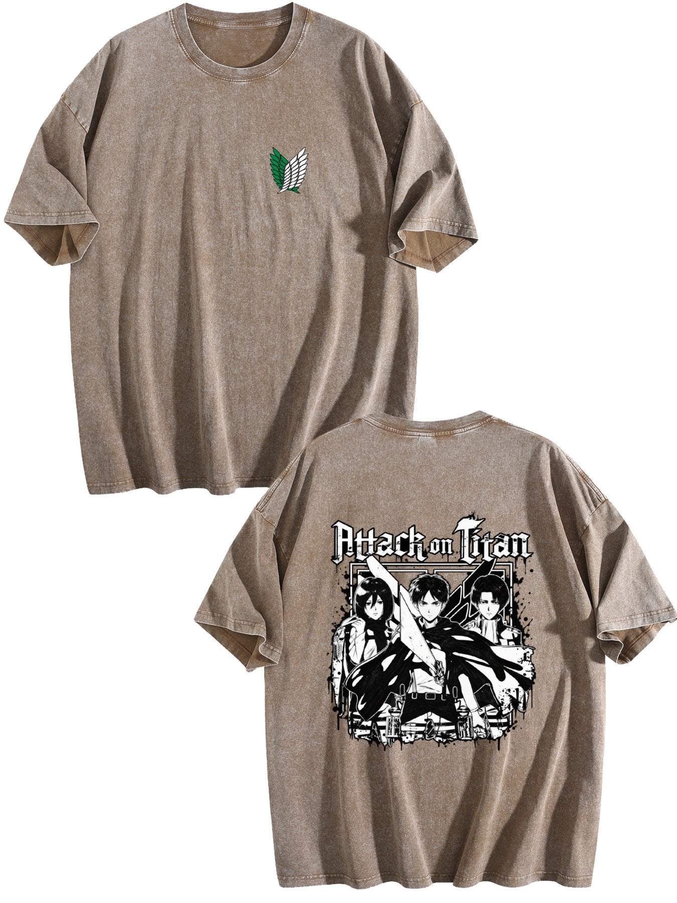 Attack on Titan Black White Group Print Vintage Washed Short‑Sleeve T‑Shirt