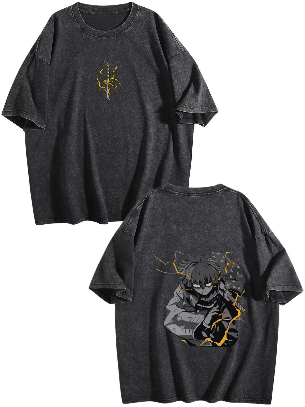 Demon Slayer Zenitsu Vintage‑Washed Double‑Sided Anime T‑Shirt