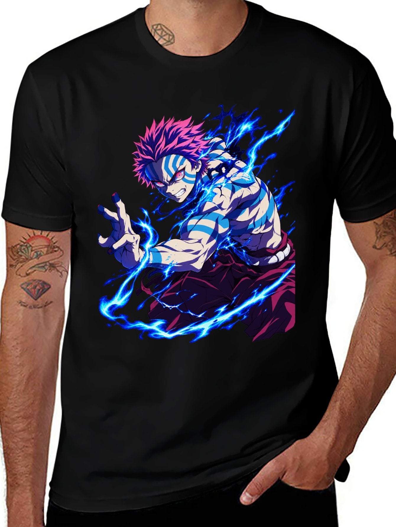 Demon Slayer Akaza Blue Lightning Graphic Oversized Men Tee