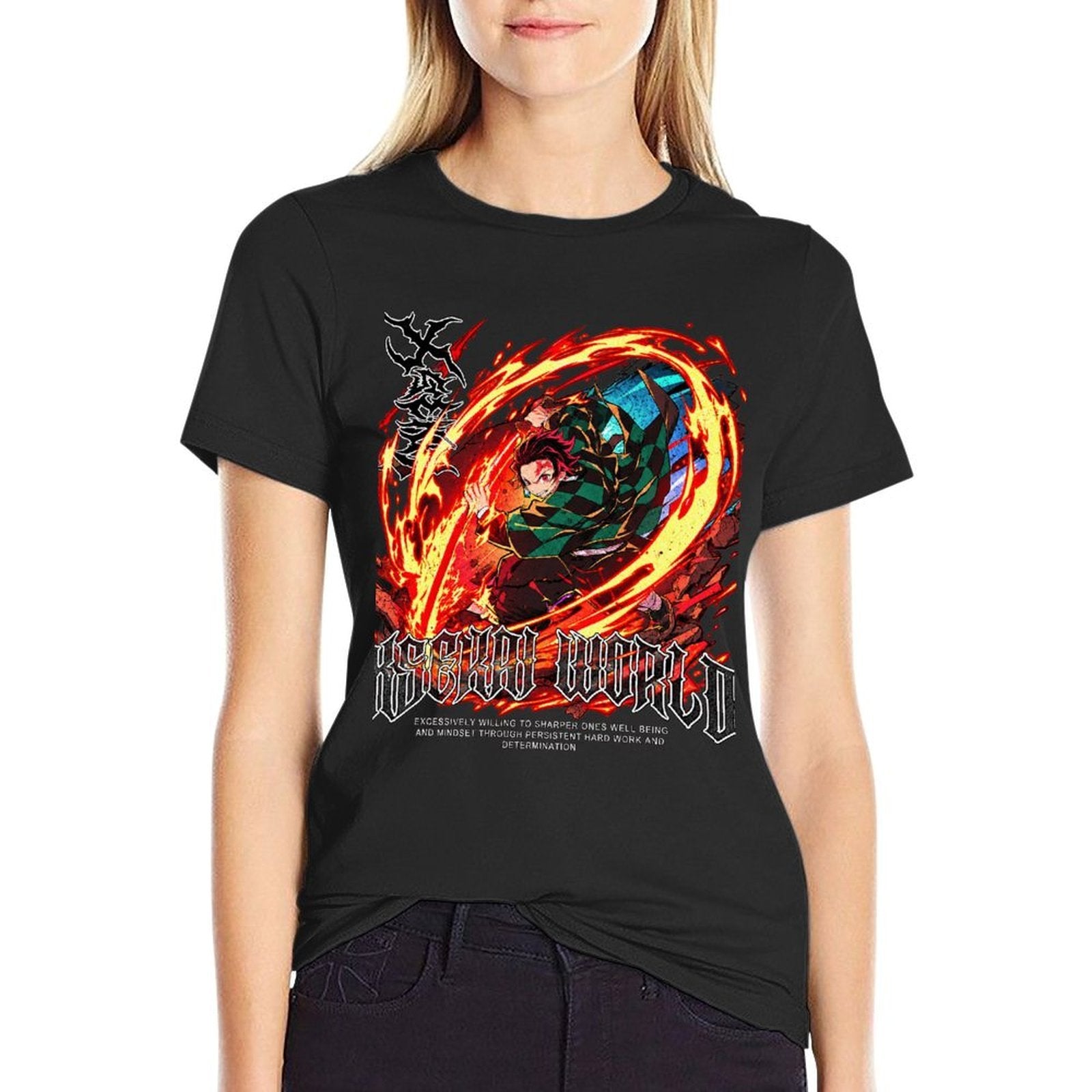 Demon Slayer Tanjiro Fire Breath Metal Style Graphic Men Tee