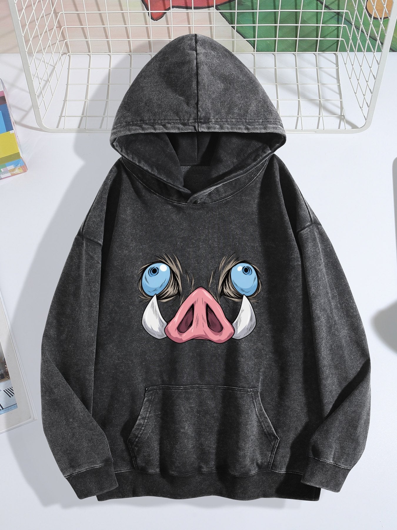 Demon Slayer Inosuke Boar Mask Vintage Wash Oversized Hoodie