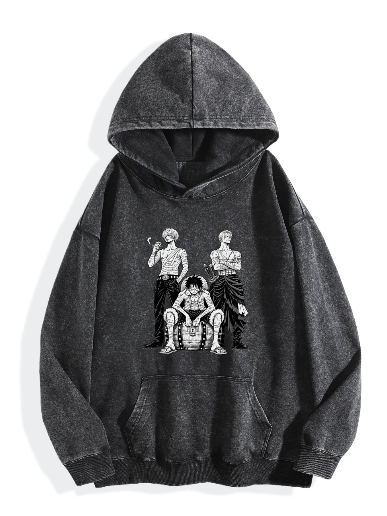 One Piece Three‑Character Group Vintage Wash Oversized Hoodie