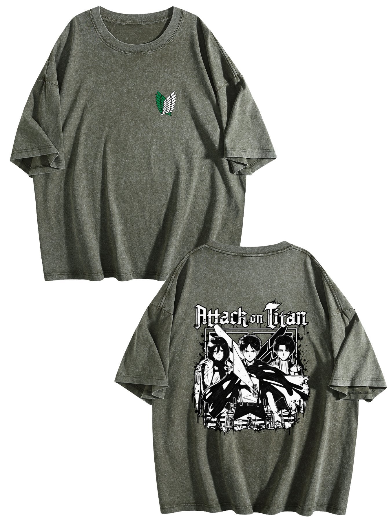 Attack on Titan Black White Group Print Vintage Washed Short‑Sleeve T‑Shirt